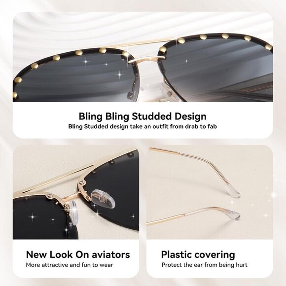 Women Studded Fashion Studded Aviator Sunglasses Metal Frame UV 400 - Picture 4 of 6